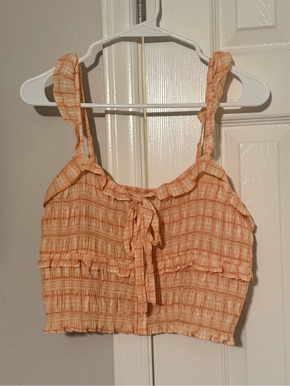 American Eagle Women's orange & white Ruffle Smocked Tank Top